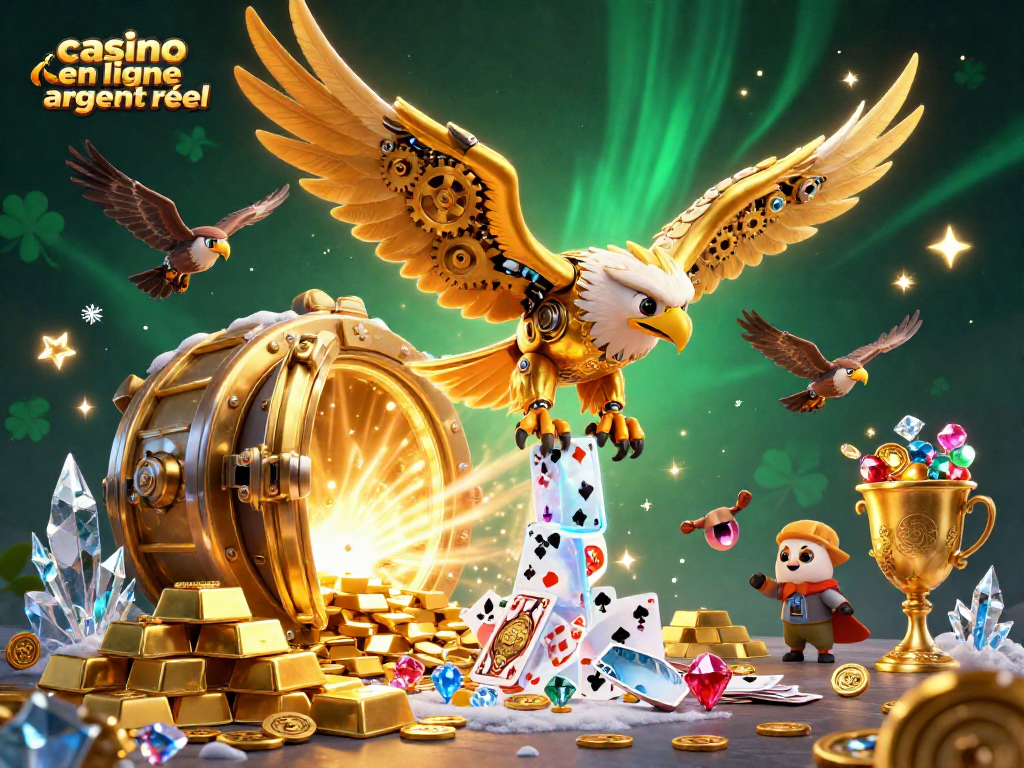 Plongez dans l'univers du casino en ligne argent réel avec un aigle doré et des cartes holographiques.