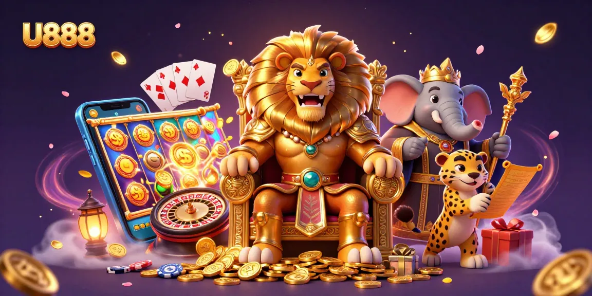 Experience thrilling gaming at U888 with a regal lion king and vibrant casino elements.