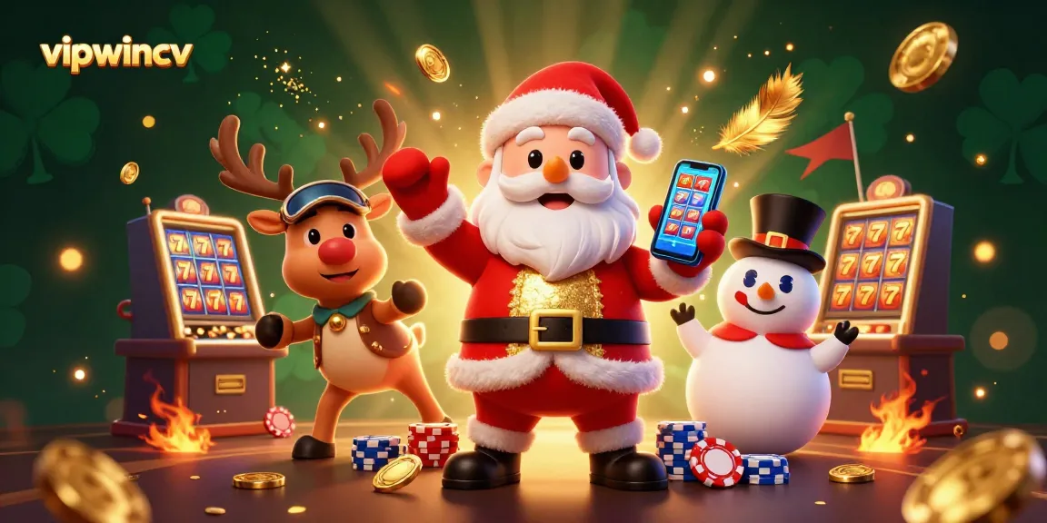 Experience top slots excitement with vipwincv's colorful casino scene, featuring Santa and friends.