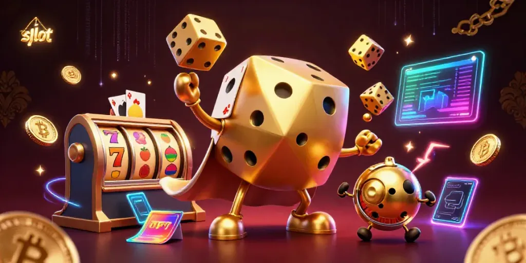 Gambarkan simbol slot yang berputar dengan menguntungkan, dikelilingi oleh elemen permainan kasino yang mewah.