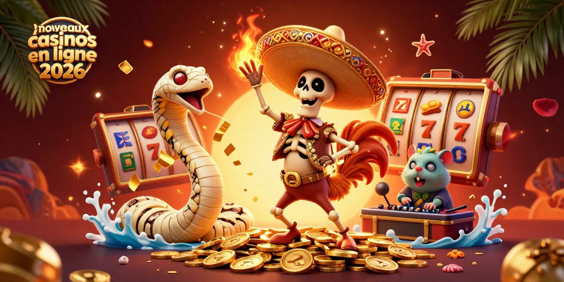 Animation dynamique de nouveaux casinos en ligne 2026 avec un coq et une machine à sous dorée.