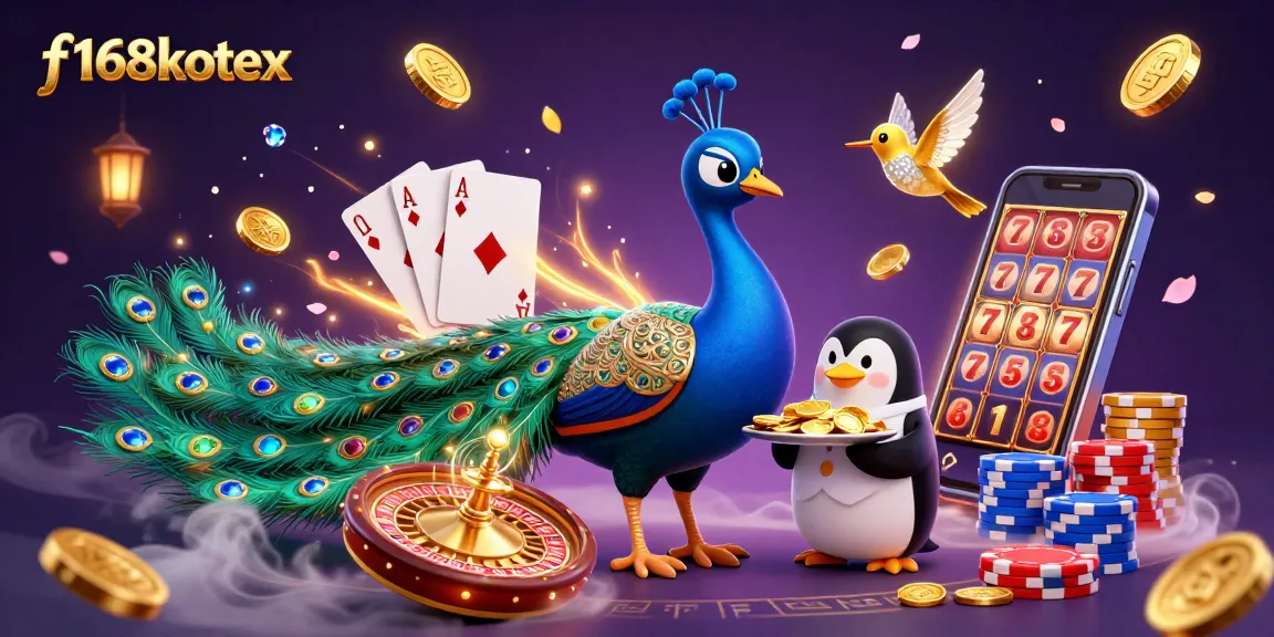 Experience the excitement of f168kotex with stunning casino illustration featuring a peacock and chips.