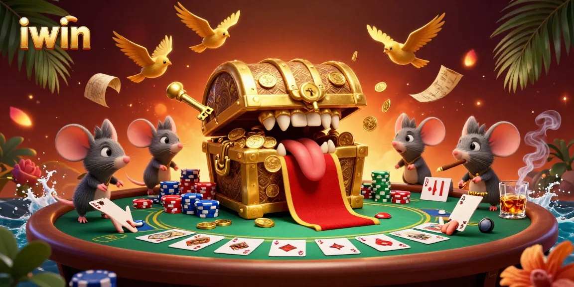 Engage with iwin's adventurous golden treasure chest, surrounded by vibrant poker elements.