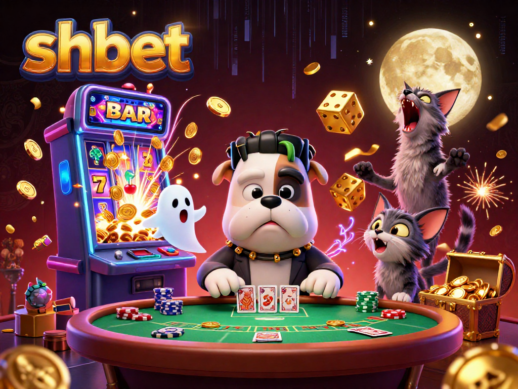 shbet showcases an engaging 3D scene with a bulldog dealer, dynamic gaming elements, and vibrant casino visuals.