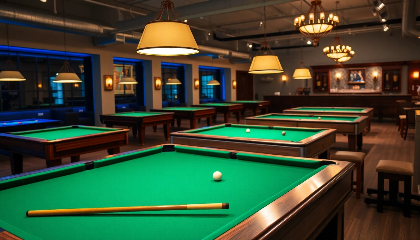 Buy Pool Tables showcased in an elegant showroom with various styles and warm lighting.