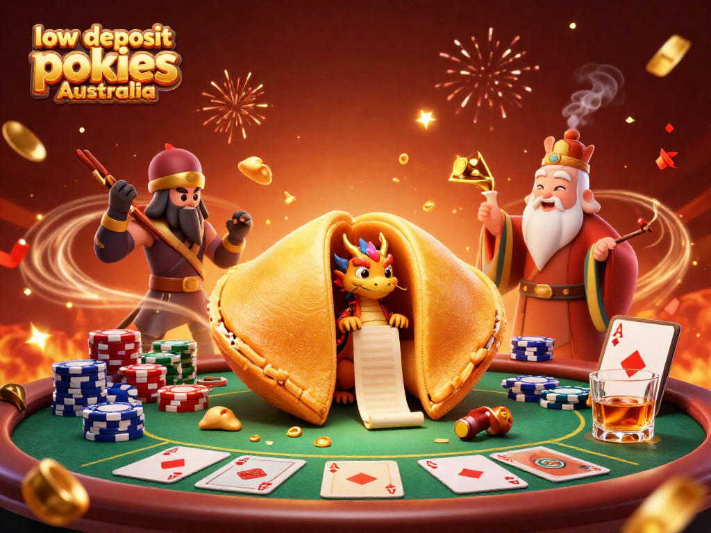Engage with low deposit pokies Australia showcasing a vibrant casino scene with unique characters and game elements.