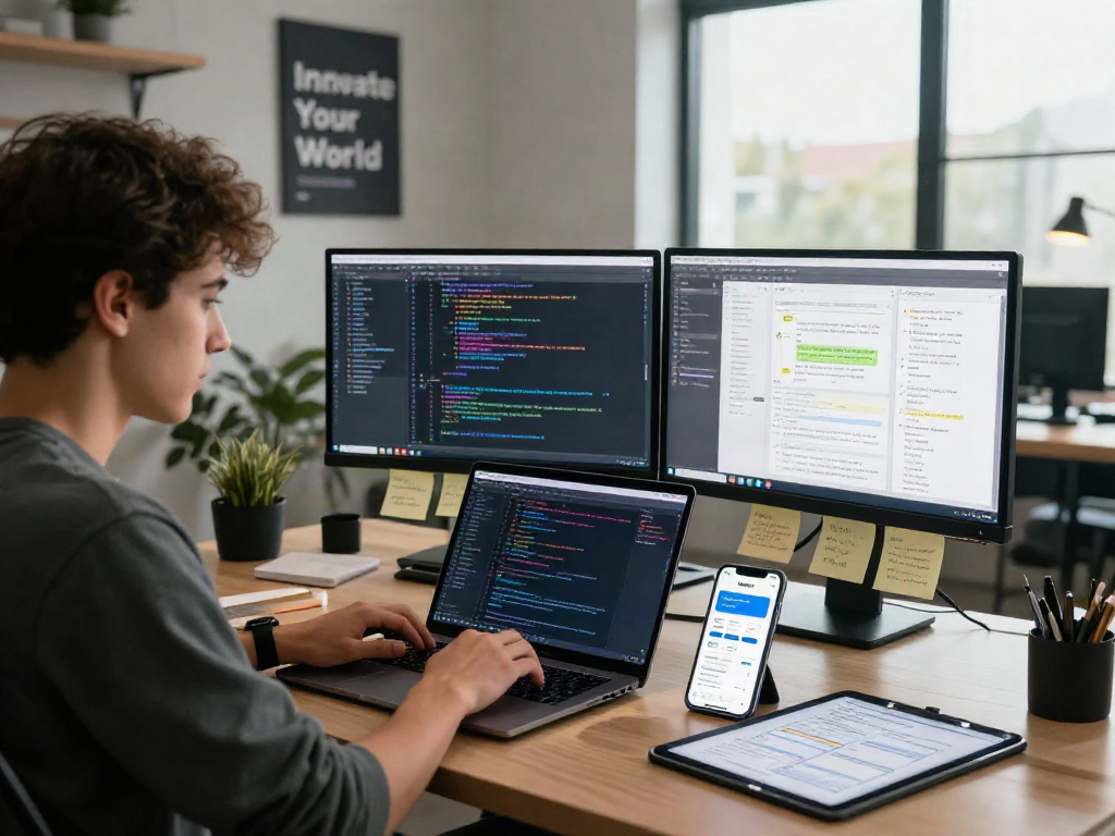 Download Pikashow Apk showcased in a vibrant app development workspace with dual screens and coding elements.