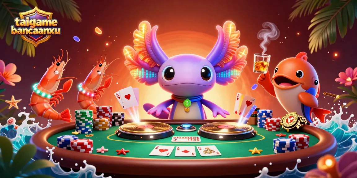 Engage in the vibrant world of taigamebancaanxu with lively axolotl DJ and poker elements.