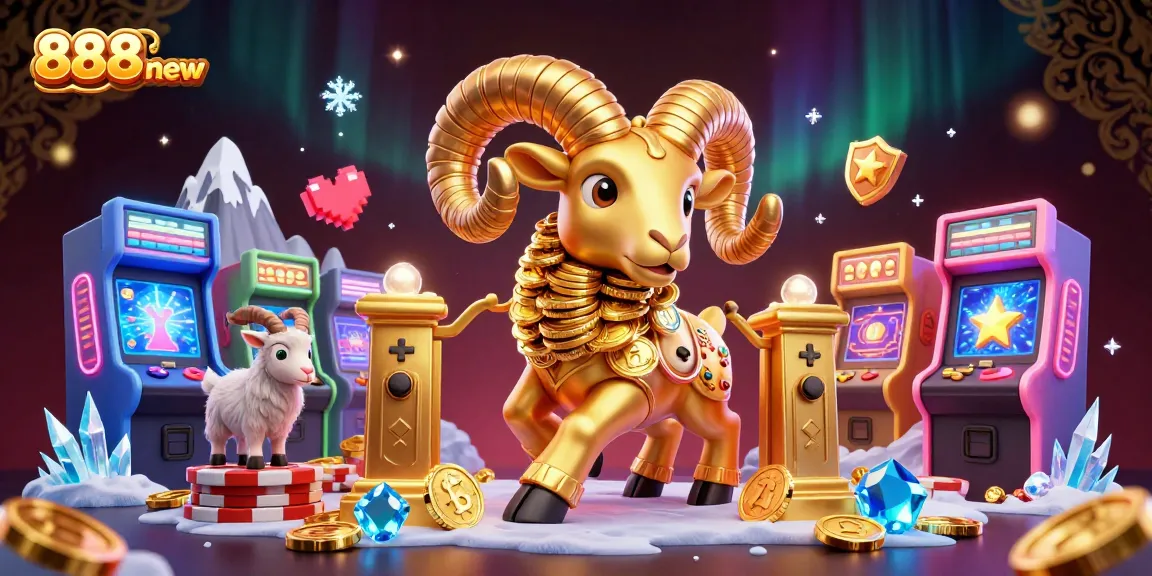 Experience thrilling games with 888new in a vibrant 3D casino scene filled with golden elements.