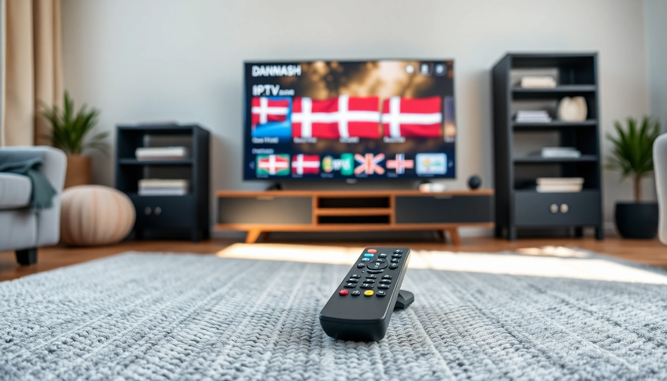 Engaged user enjoying iptv Denmark channels in a stylish living room setting.