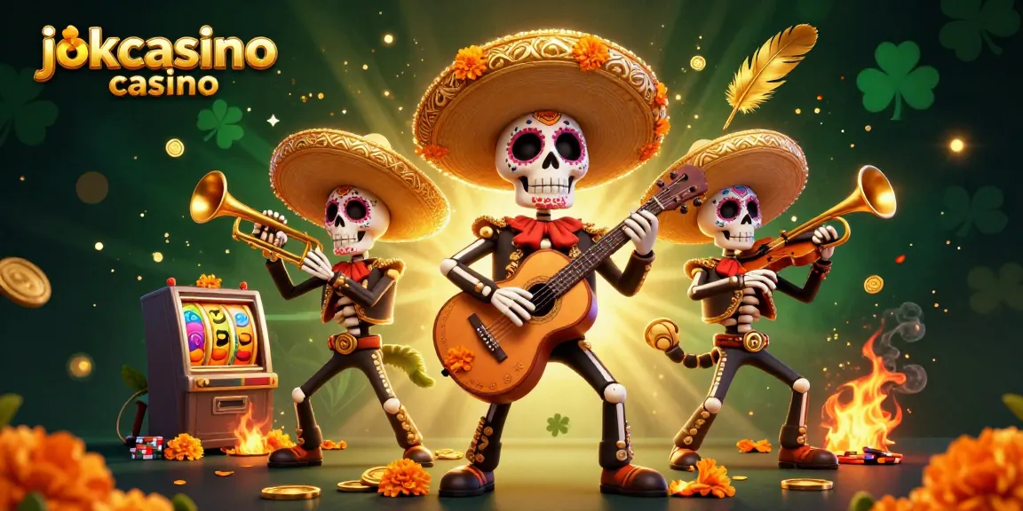 Experience the excitement at jokacasino casino with a vibrant mariachi scene filled with gold coins and slot elements.