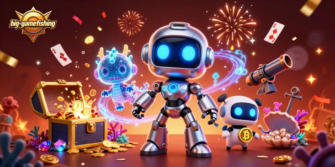 A dynamic scene showcasing big-gamefishing with a cyberpunk robot, AI dragon, and bitcoin drone amidst treasure and cards.