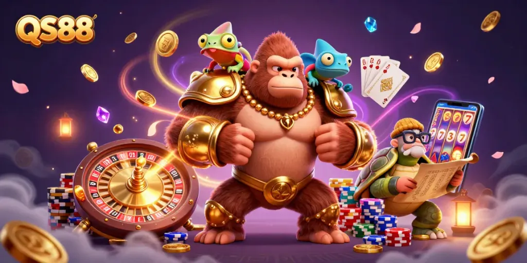 Experience thrilling gameplay with QS88 featuring a king gorilla and vibrant casino symbols.