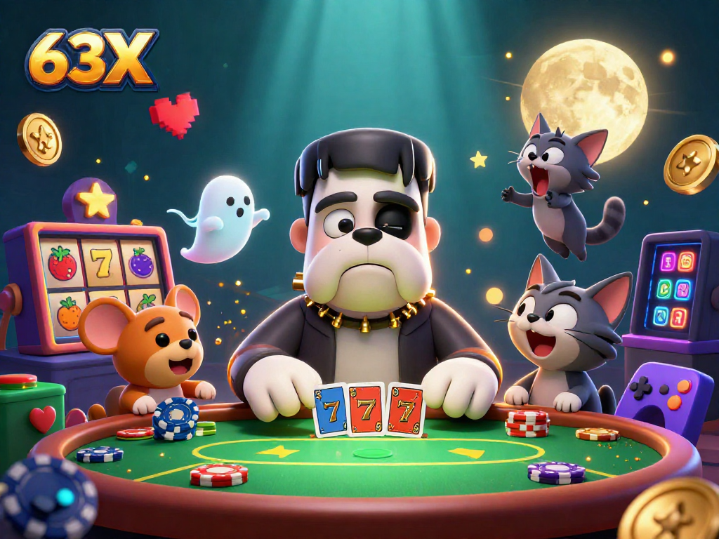 Jogando no 63X, buldogue Frankenstein lida cartas em uma mesa de pôquer envolta em símbolos de caça-níqueis.