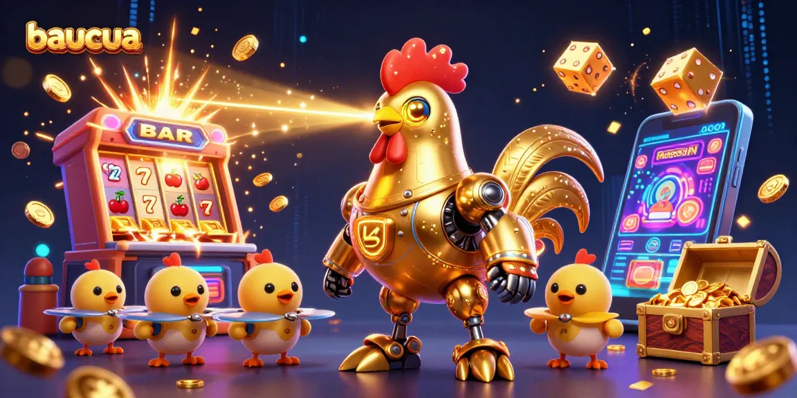 Baucua game features a 3D rooster robot and baby drones exploding with jackpot excitement