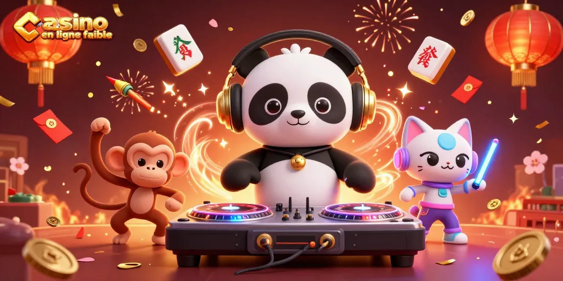 Le DJ panda avec des écouteurs dorés joue au casino en ligne fiable, avec des lanternes et des feux d'artifice.