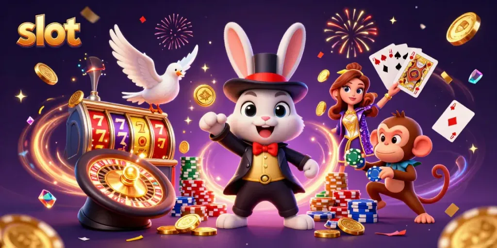 Menangkan slot dengan kelinci pesulap menarik koin emas dari topinya di kasino