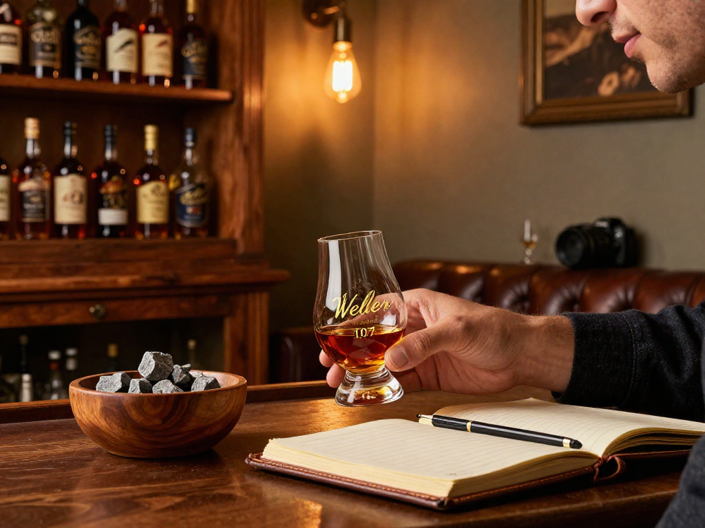 Enjoying Weller Antique 107 in a cozy whiskey tasting setting.