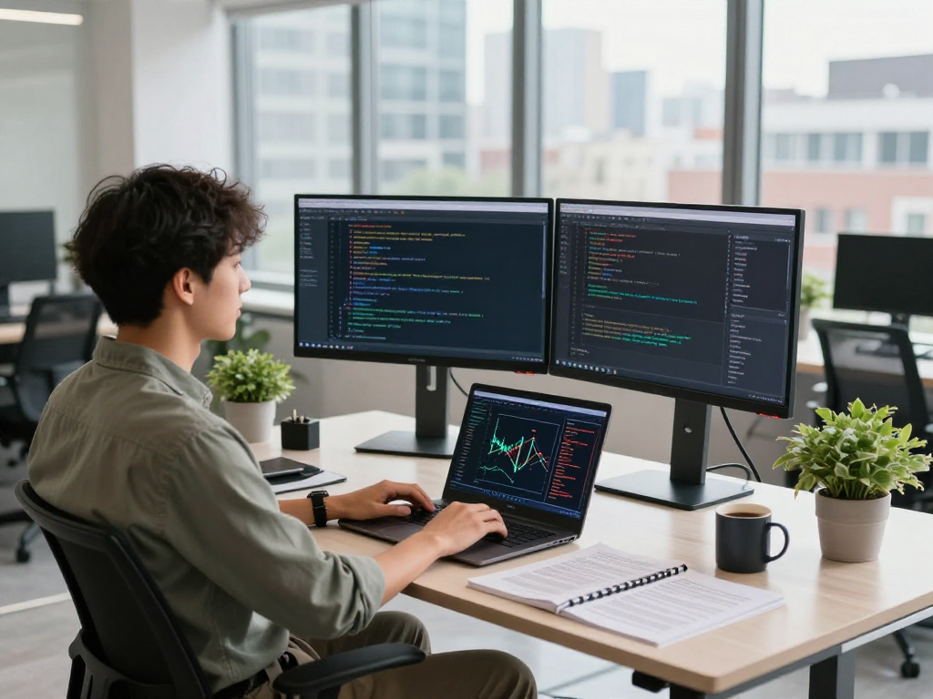 USDT0 software developer at a modern tech workspace analyzing code and transaction flows.