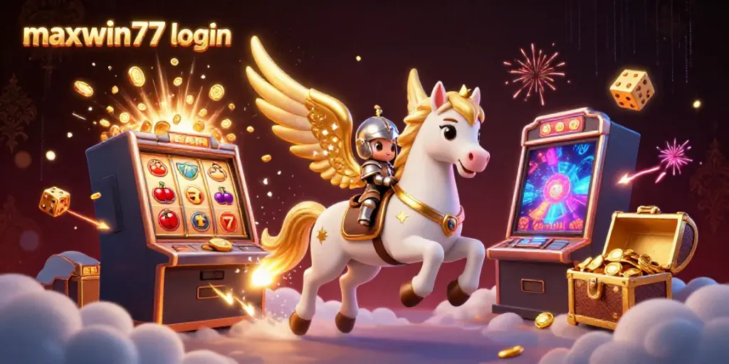 Experience the thrill of maxwin77 login with an enchanting 3D casino scene featuring a magical horse and jackpot explosion.