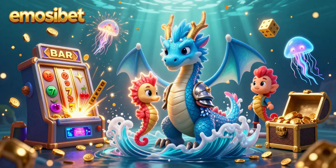 Experience thrilling wins at emosibet with a majestic ocean dragon and glowing jellyfish amidst vibrant gaming elements.