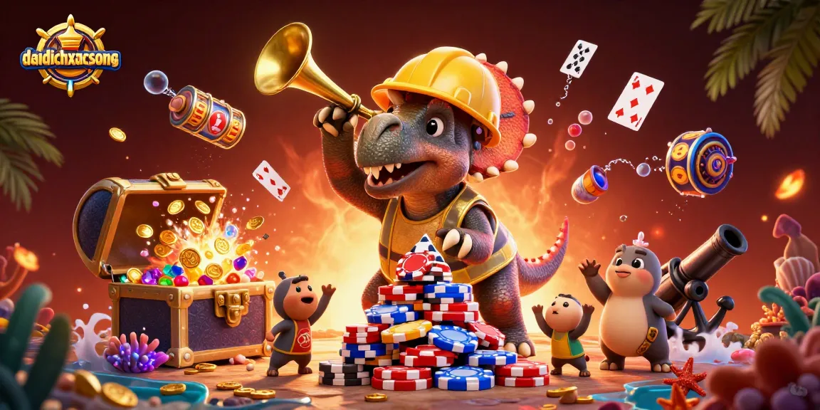 Experience the thrilling gameplay of daidichxacsong with triceratops and parasaurolophus celebrating in a vibrant casino scene.