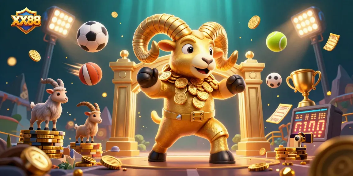 Engage with the gaming scene at XX88 featuring a golden ram amidst dynamic sports elements.