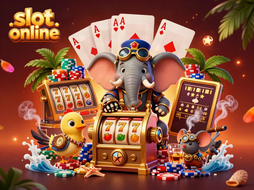 Experience the excitement of slot online gaming with a vibrant 3D steampunk casino scene featuring a mechanical elephant.