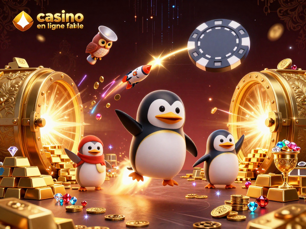 Jouez au casino en ligne fiable avec notre illustration captivante montrant un pingouin doré dans l'espace.