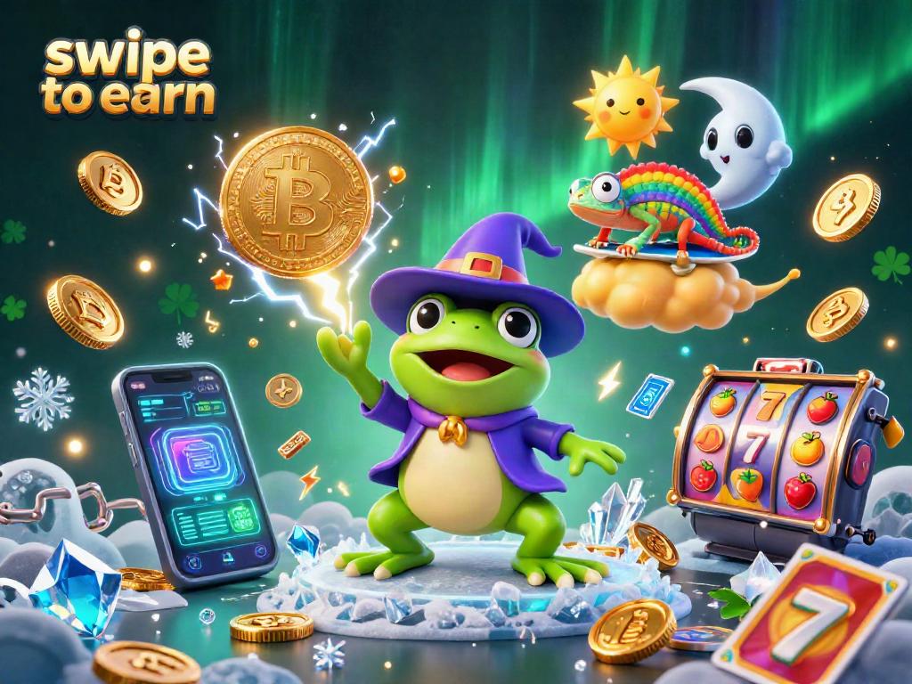 Swipe to earn with a magical weather wizard frog and rainbow chameleon amidst coins and vibrant slots.