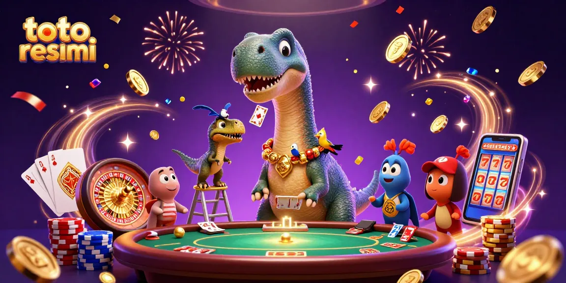 Gambaran brontosaurus dan raptor bermain dengan kartu di toto resmi sambil dihiasi koin emas dan permata.