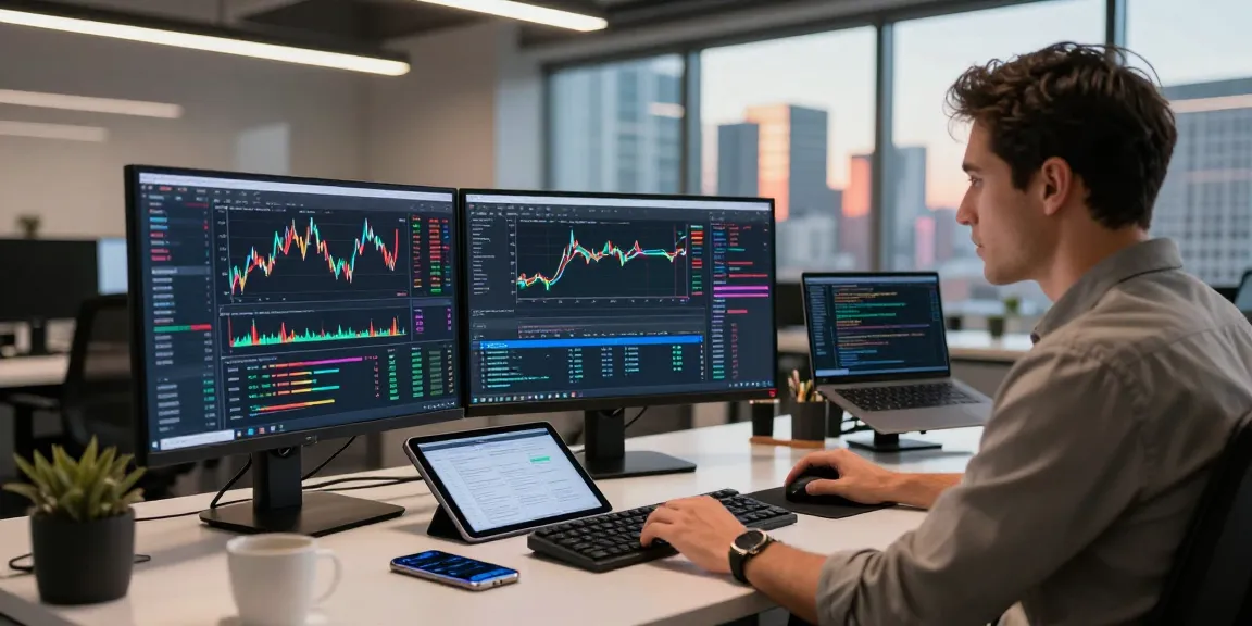Trader analyzing mt5 platform on multiple screens in a modern office setting