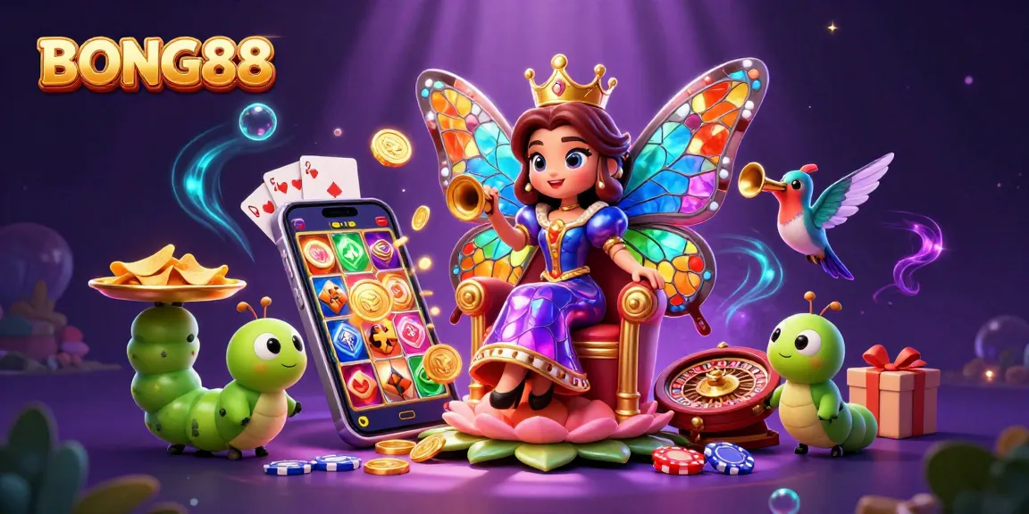 BONG88 features an enchanting butterfly queen in a casino scene with slot games, gold chips, and vibrant visuals.