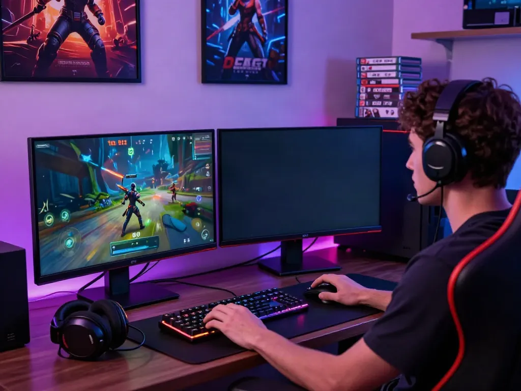 G15Tools gaming workspace with dual monitors, vibrant gameplay, and gaming accessories for a lively atmosphere