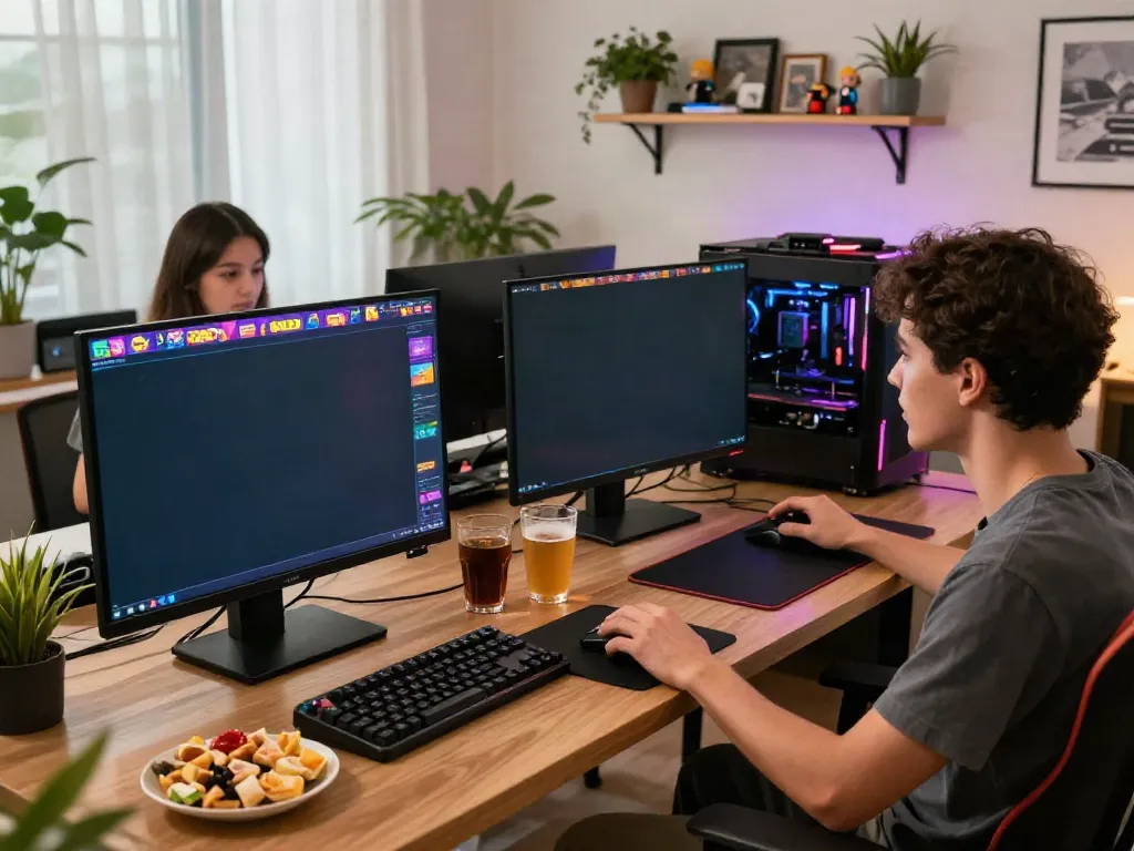 Engaging scene of young adults playing สล็อตเว็บตรง games on a high-definition monitor with colorful graphics and a cozy gaming setup.