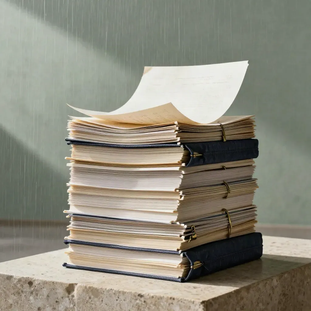 Rain-damp story boards and linen notebooks on pale stone, lit by warm summer light.