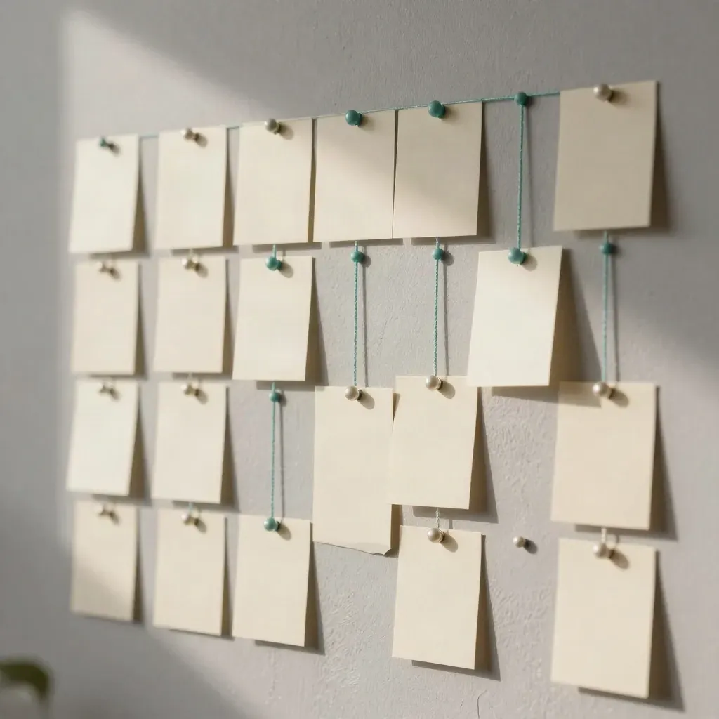 Message map cards and teal strings pinned across a plaster wall in warm midday light.