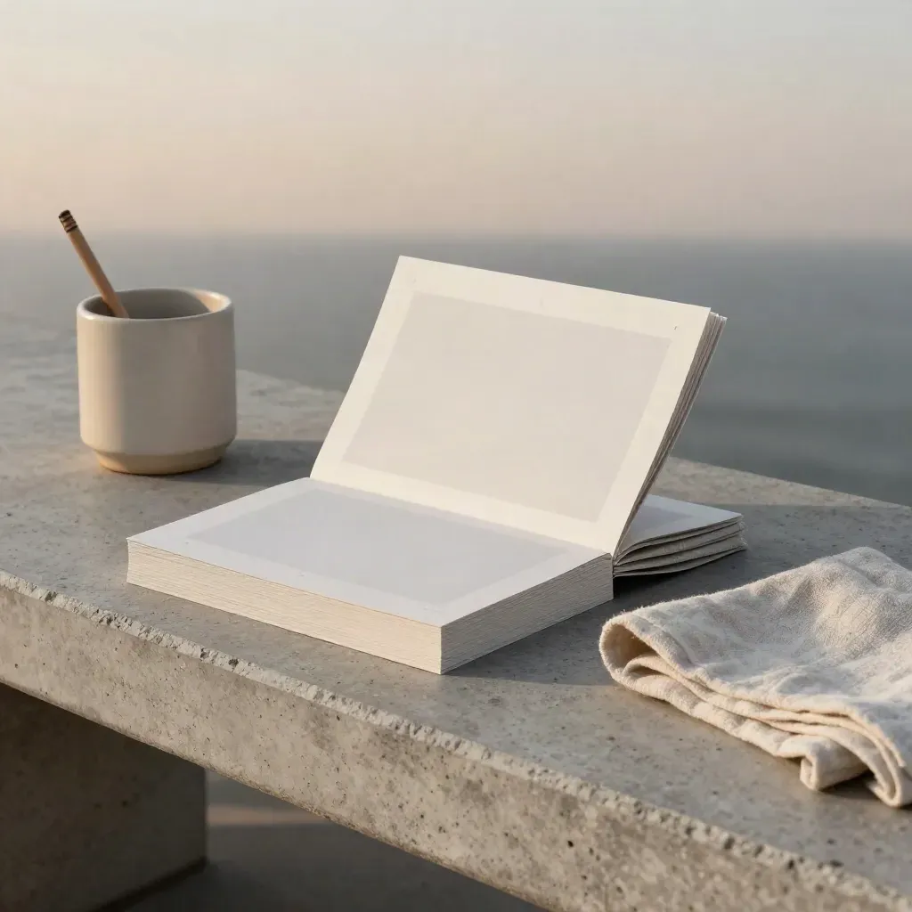 Voice-guide proofs, ivory cup, and oatmeal cloth flipping in blue-hour wind on concrete.