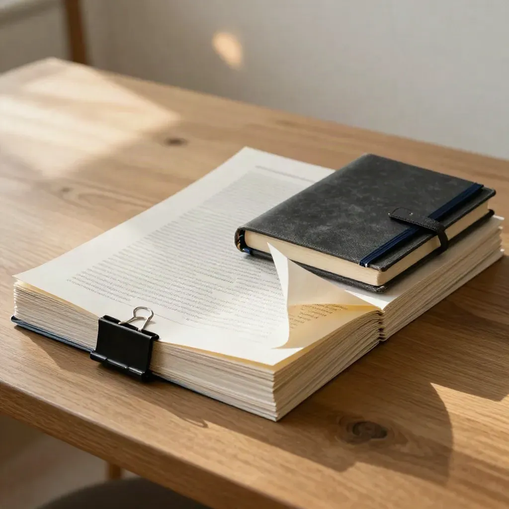 Audit pages, binder clips, and a graphite notebook on an oak table in warm late-afternoon light.