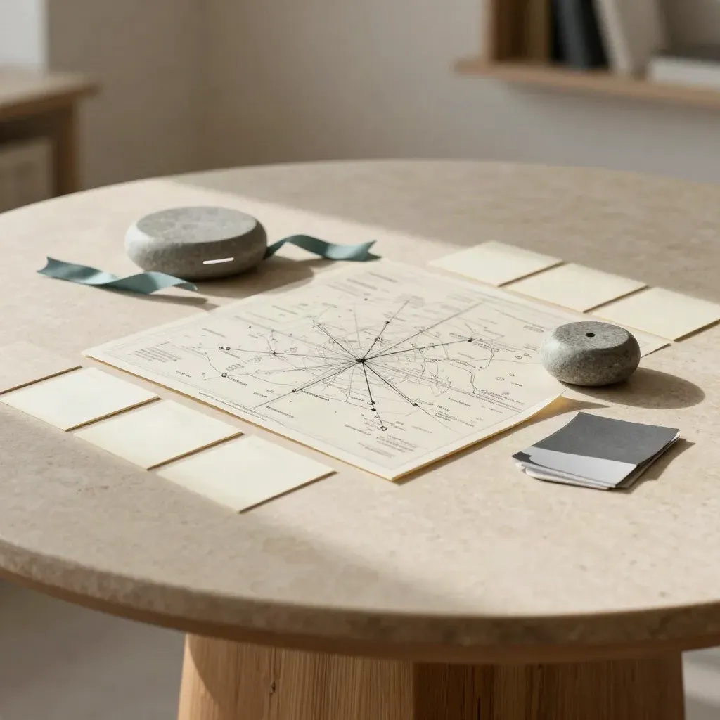 Workshop cards, folded board, and stone weight on a circular table in warm afternoon light.