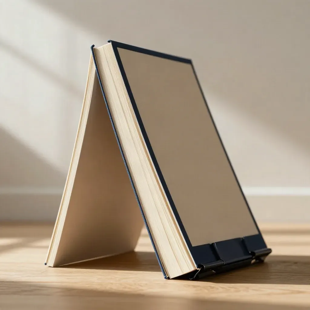 Floor-level macro of pitch-deck boards, a folded carrier and matte binder clip in sun through blinds