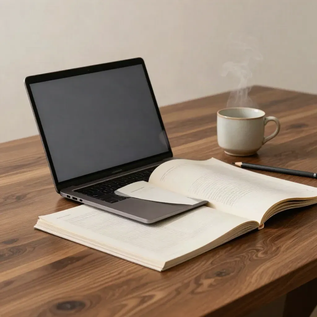 Dark laptop with homepage sheets, ivory cup, and pencil on a walnut desk in cool daylight