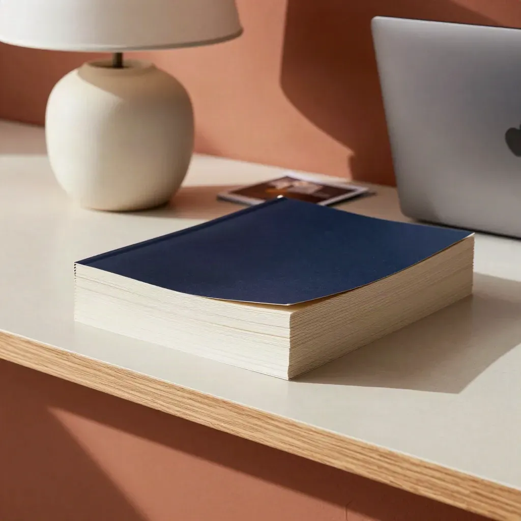 Proof stack beside a lamp and closed laptop on a reception shelf.