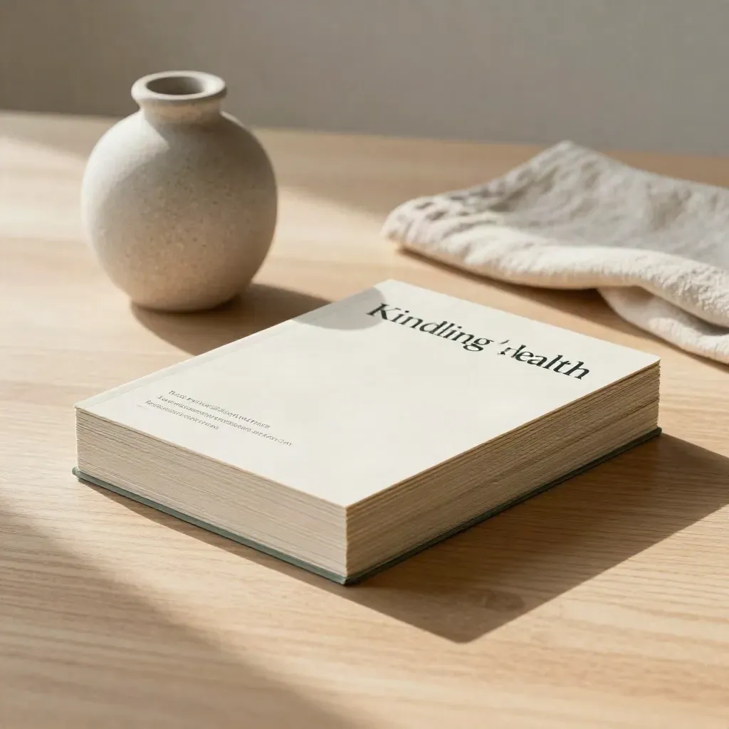 Sunlit health deck mockup beside a stone vase and pale linen on a meeting table.