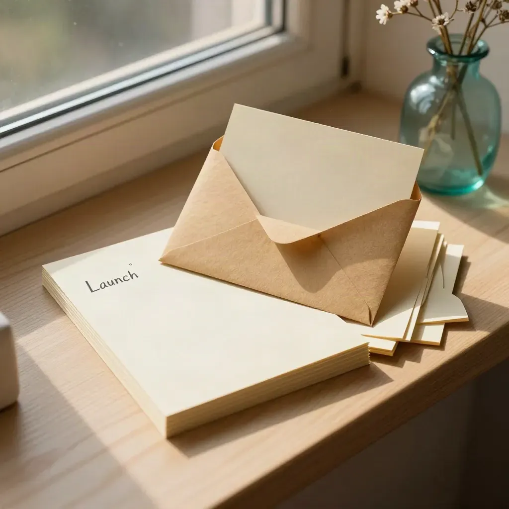 Open envelopes and note cards on a sunlit oak ledge beside a teal glass vase