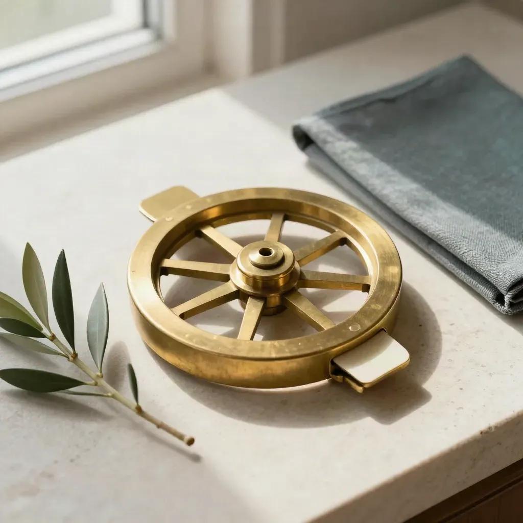 Brass naming wheel, ivory slip, olive sprig and slate cloth on stone in soft window light.