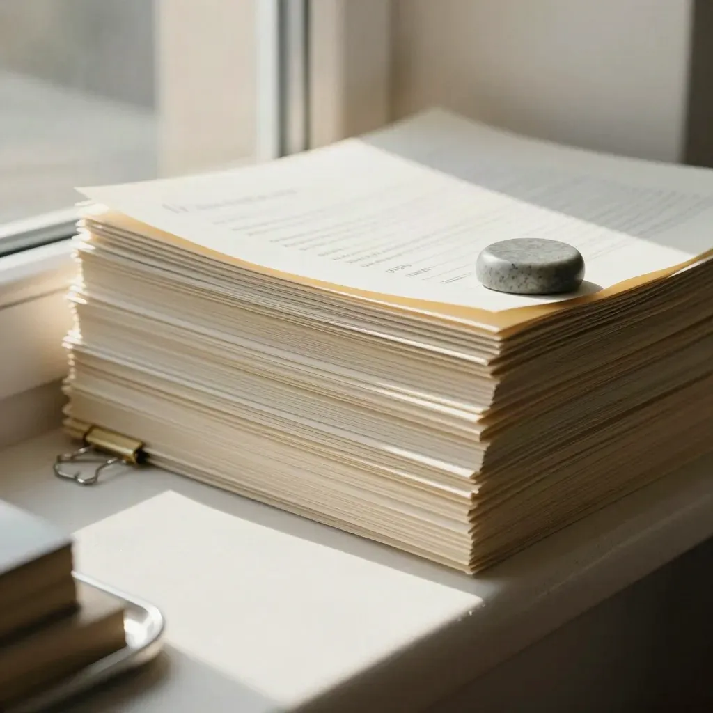 Ivory proof sheets, binder clips, and a stone paperweight in a diagonal window-lit close-up