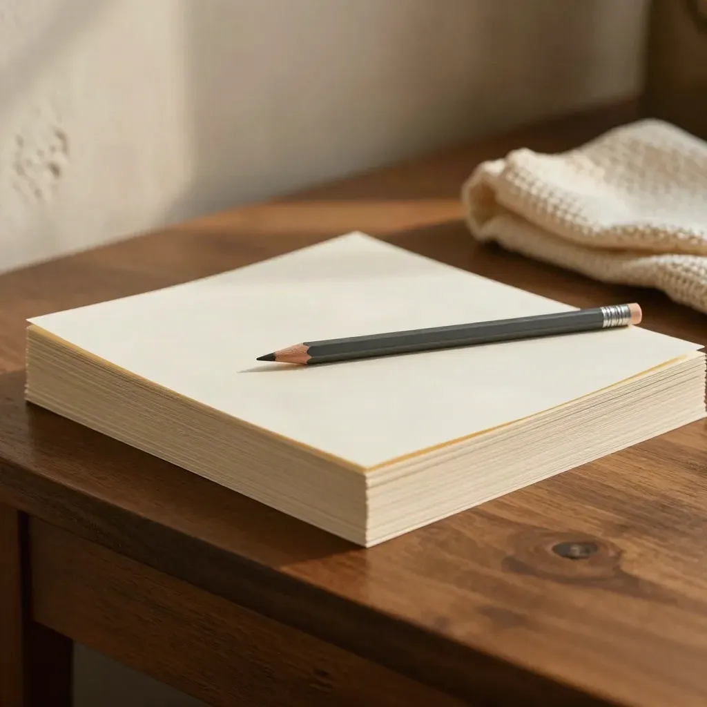 Founder voice guide papers, pencil, and folded wool cloth on a warm studio desk edge.