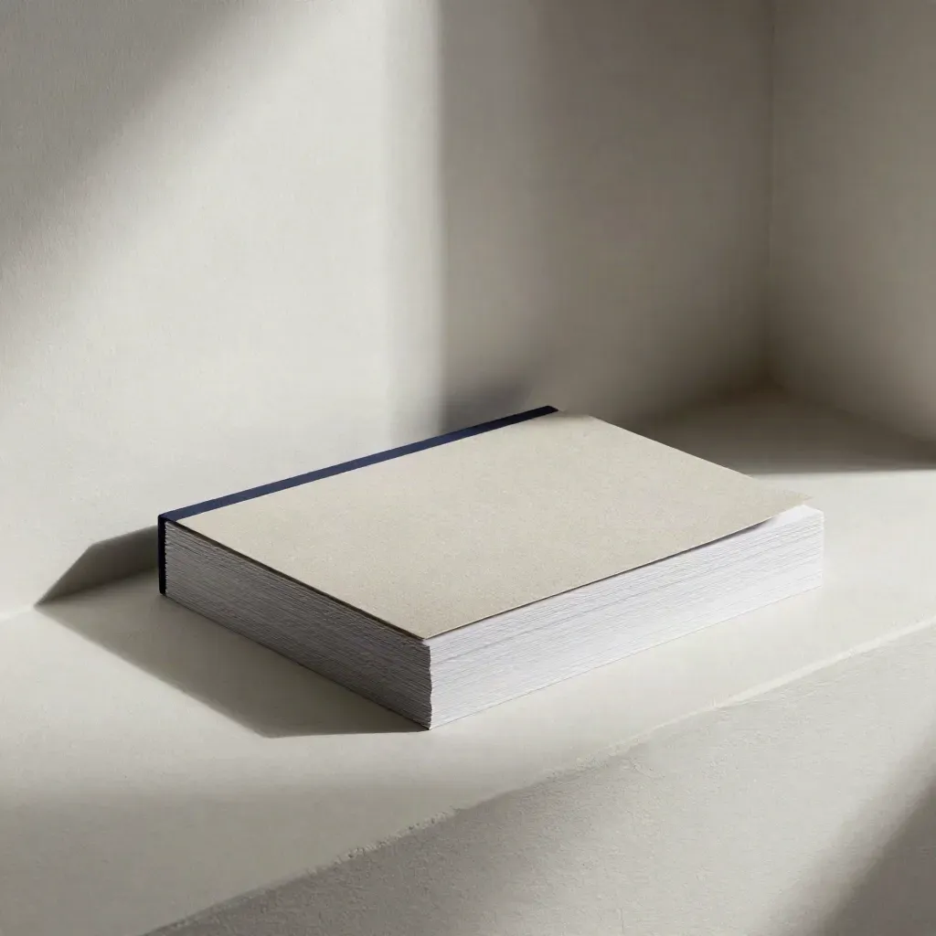 Blank story deck cards and linen folder settling on a plaster ledge in raking light.