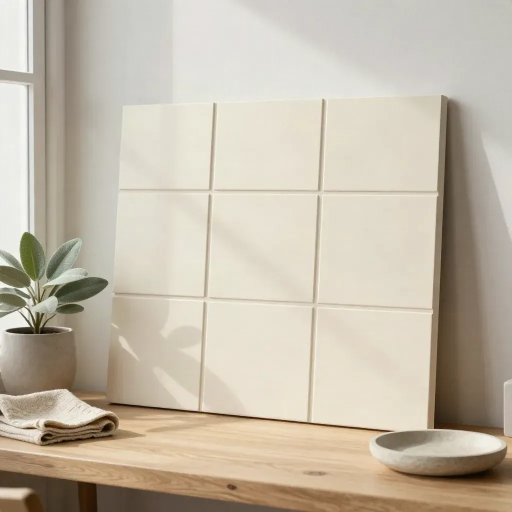 Overhead still life of modular website message cards, plant, cloth and stone dish on pale wood.